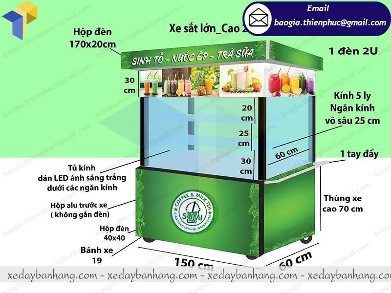 gia công tủ kiếng bán sinh tố trà sữa